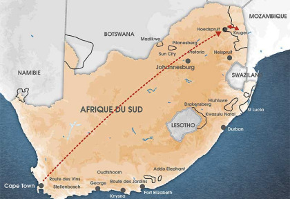 Carte Afrique du Sud - Forcus sur Cape Town et Kruger