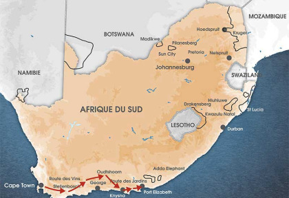 Carte Afrique du Sud - Route des Vins et Jardins