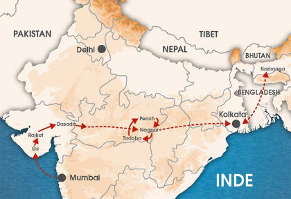 Inde - Carte Parcs secrets, Gujarat, Madhya Pradesh et Assam