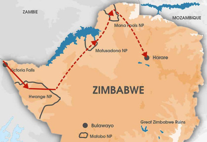 Zimbabwe - Carte spécial safari à pied au Zimbabwe