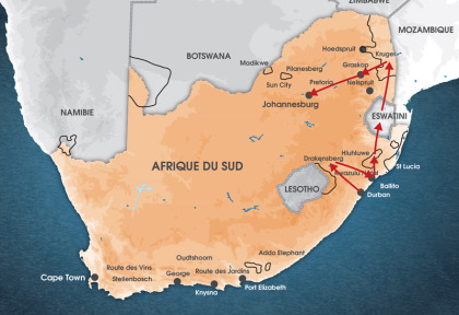 Carte Afrique du Sud - Circuit Echappée Sauvage du Drakensberg au Kruger de Durban à Johannesburg