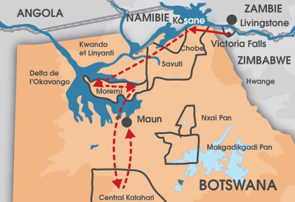 Botswana - Carte - Victoria Falls - Kasane - Delta - Khwai - Kalahari