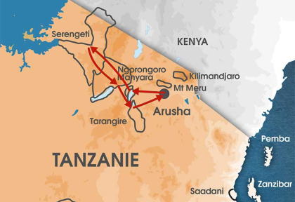 Tanzanie - carte safari parcs du nord en version charme